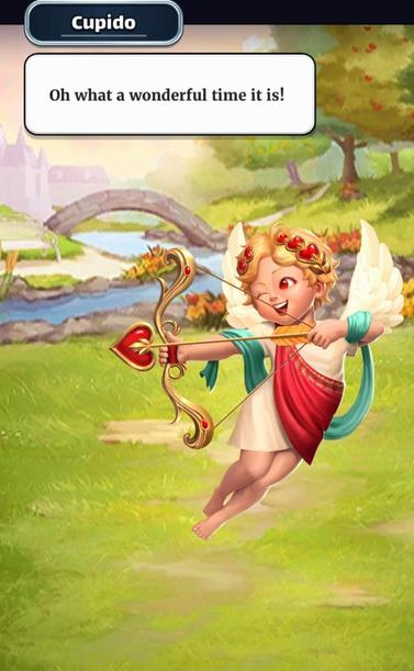 A drawing of Cupido, a fun-loving angel pulling a heart-tipped arrow from his bow, as he winks playfully. In the background can be seen a river, bridge, trees, and fluffy meadows. The caption reads:

Cupido
Oh what a wonderful time it is!