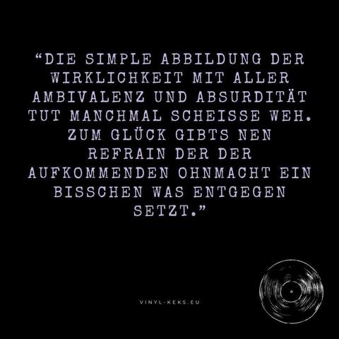 Das Bild enthält einen Text:

"DIE SIMPLE ABBILDUNG DER WIRKLICHKEIT MIT ALLER AMBIVALENZ UND ABSURDITÄT TUT MANCHMAL SCHEISSE WEH.
ZUM GLÜCK GIBTS NEN REFRAIN DER DER AUFKOMMENDEN OHNMACHT EIN BISSCHEN WAS ENTGEGEN
SETZT."
VINYL-KEKS.EU