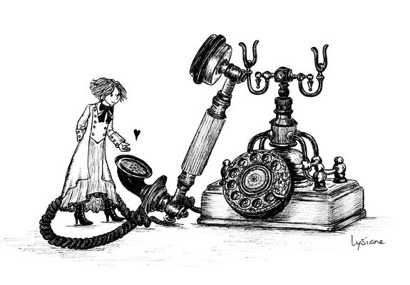 Cœur messager avec vieux téléphone vintage, par Lysiane Binet