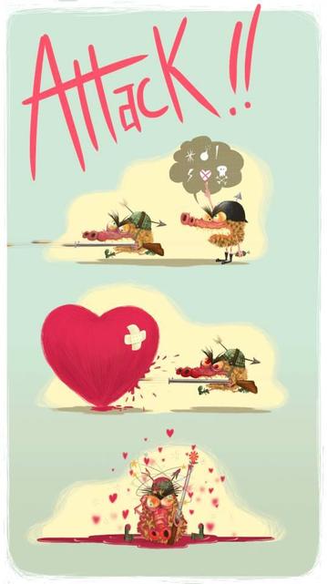 Two war Woolies dressed as soldiers charge into battle, but their enemy is a giant red heart. Despite their attacks, love remains and, in the end, one of them is left defeated, surrounded by hearts and flowers. Love always wins ;)