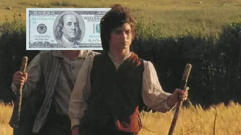 Frodo caminando delante y sam atrasado representando al dólar