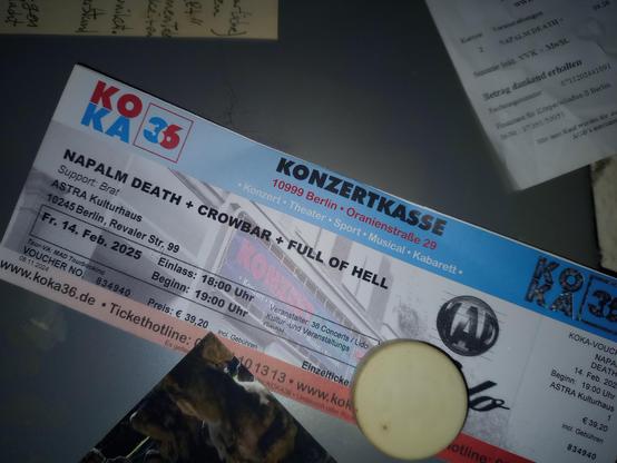 Ticket,  Napalm Death, Crowbar, Full Of Hell + Brat, tonight at Astra Kulturhaus
