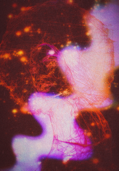 outline of a woman in front of stars and an abstract image