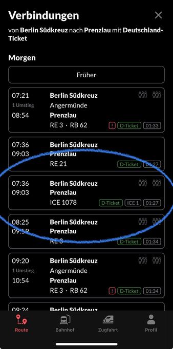 Screenshot Bahn-App, die ICE Verbindung ist markiert
