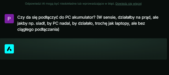 Pytam się AI, czy można zrobić tak, że PC miałoby akumulator i działałby, gdyby nastał nagłe zerwanie prądu, a wolałabym, by mi nie wyłączył się gwałtownie w takiej sytuacji (Jakbym kiedyś zbudowała PC) i dałam porównanie do laptopów, ale bez podładowania tego cały czas

AI szuka odpowiedzi, ale nie może jej znaleźć