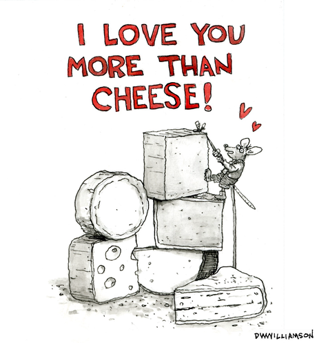 I love you more than cheese. A rat in lederhosen climbs mountain of cheese.  