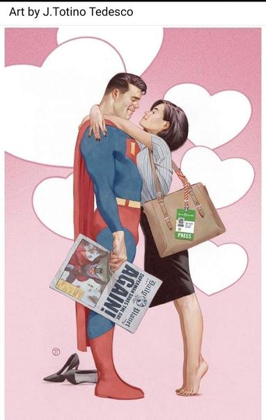 A comic book panel by artist J. Totino Tedesco. Superman and Lois Lane against a pink-themed background with multiple white hearts. 

Superman is holding a copy of the Daily Planet in his one hand, with the headline "Superman Saves the Day AGAIN!" Lois Lane has her arms wrapped around his neck, her Press Pass hanging from the handle of her purse. They are smiling at one another.