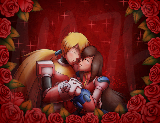 Zero and Iris from Megaman X in a loving embrace. They are surrounded by a border of red roses with sparkles in the background.
