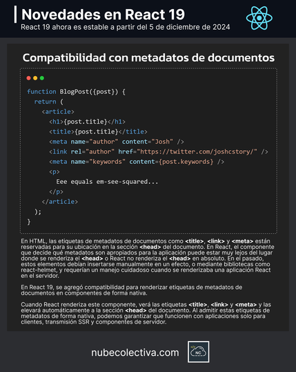 Compatibilidad con Metadatos de Documentos en React 19 !