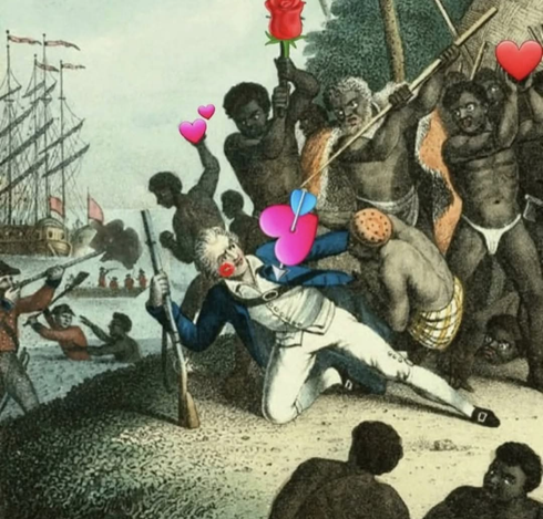 Illustration 
14th February 1779, anniversary* of Captain James Crook’s death b y local First Nations on Hawaii.

Original art updated to include Valentines Day icons like Hearts 

* 14 February 1779, English Colonizer Captain James Cook was killed as he attempted to kidnap Kalaniʻōpuʻu, the ruling chief (aliʻi nui) of the island of Hawaii, after the native Hawaiians had taken a longboat from Cook's expedition in what they assumed was a trade exchange. As Cook and his men attempted to take the chief to his ship, they were confronted by a crowd of Hawaiians at Kealakekua Bay seeking to rescue their leader. The ensuing battle resulted in the deaths of Cook and several Royal Marines, as well as several Hawaiians. Kalaniʻōpuʻu survived the exchange.