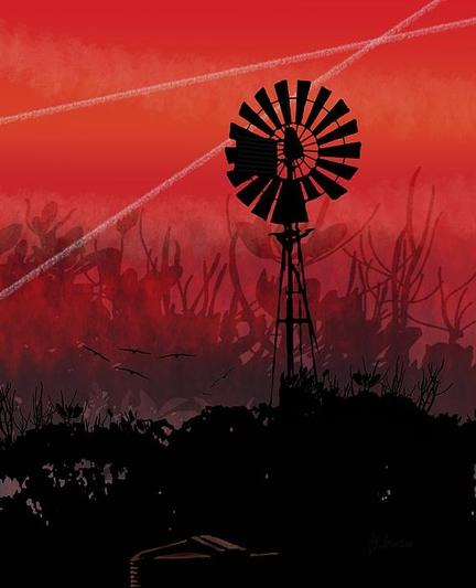 Dusk At The Windmill by Joan Stratton - https://paintingsbyjoan.com/

A silhouetted windmill stands against a vibrant red sunset, with birds flying in the background and streaks crossing the sky. Dark foliage is visible in the foreground, adding depth to the serene scene.

Ether Art – A hand-drawn drawing / painting using the exciting modern art form, where art is created from scratch using a computer in lieu of a real canvas and paint, water colour, pastel, pencil, charcoal etc I create digital art from the ether, exactly the same as if I was starting with a blank canvas.
