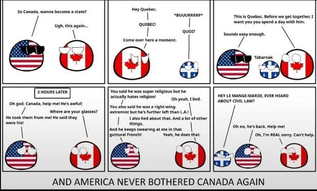 A cartoon referring to the dispute between the US and Canada that explains a complication that might not have been considered when thinking it would be easy/make sense for Canada to become the 51st state in the US.