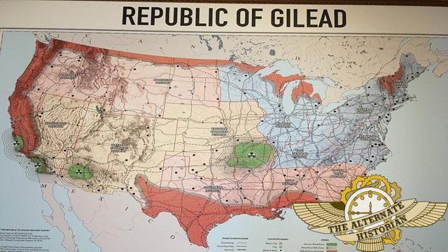 "
A map titled "Republic of Gilead" shows a divided United States with different districts and zones. 
The Northwest, Southwest, and Southern districts are colored in red with horizontal lines, indicating "Rebel Occupied Areas." California, Oregon, and Washington states have green circles with a radiation symbol, labeled as "Hazardous Radiation Zone." The Midwest and Eastern regions are divided into districts like the "Northern District" and "Eastern Counties District." 
The map includes road classifications and location markers. The logo "The Alternate Historian" is placed in the bottom right corner with wings, a clock, and gears.

Provided by @altbot, generated using Gemini"

Source:

https://i.ytimg.com/vi/cpGGXC7MZak/maxresdefault.jpg