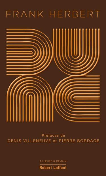 Minimal 1960's style book cover design. Retro brown and orange. Dune by Frank Herbert. The dune letters created from same repeated shape set at  different 990% angles.A striped 'U' shape.