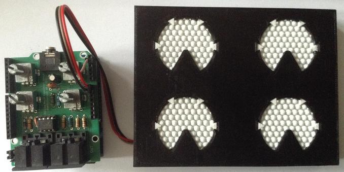 Photo of a bespoke Arduino shield for an Uno, containing four potentiometers, MIDI circuitry and 2 MIDI DIN connectors; connected via jumper leads to my 2x2 3D printed Krell display that I've mentioned before.