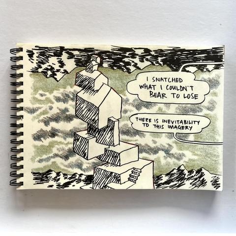 A drawing of a tower made of houses stacked one upon another, under a greenish sky with mountains in the background. The texts are in two speech bubbles coming from the right. The drawing is in a sketchbook.