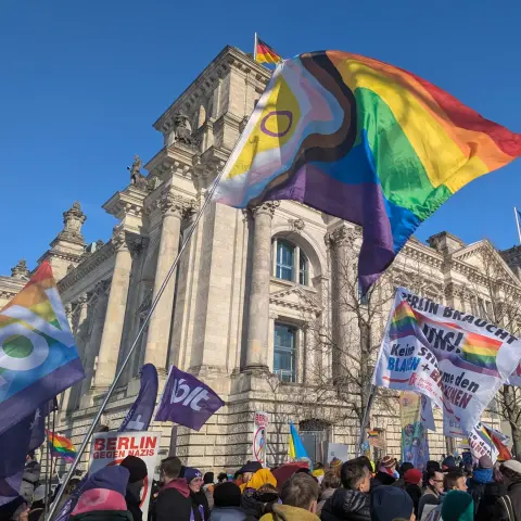 Foto vom Winter-CSD in Berlin: Prideflaggen und Demoposter gegen Rechts vor dem Reichstagsgebäude.