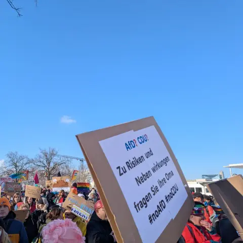 Foto vom Winter-CSD in Berlin: ein Demoplakat mit der Aufschrift 

"AfD? CDU? Zu Risiken und Nebenwirkungen fragen Sie Ihre Oma. #noAfD #noCDU"