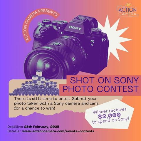 Promotional graphic for the 'Shot on Sony Photo Contest' hosted by Action Camera. The image features a stylized Sony Alpha 9 camera with a large lens, set against a gradient background of purple and orange with a starburst effect. Below the camera, there is an array of Sony lenses. The contest details invite participants to submit photos taken with a Sony camera and lens for a chance to win. A white speech bubble states, 'Winner receives $2,000 to spend on Sony!' The deadline is February 28, 2025