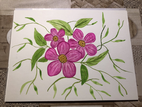 Pinke Anemonen mit Blättern und Ranken als Aquarell auf einem A4 Block im Querformat.