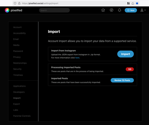 Pixelfed import interface