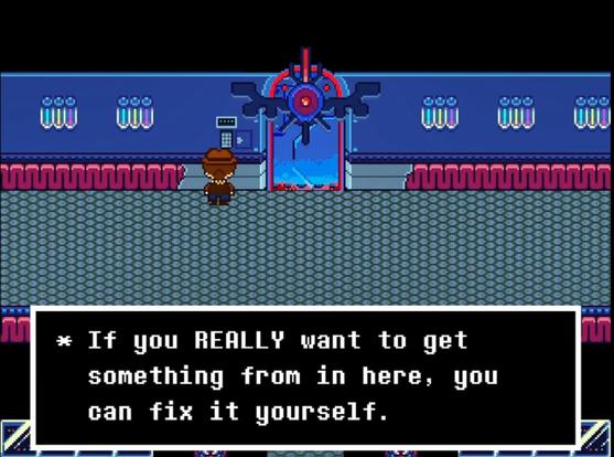 Clover from Undertale Yellow in CORE, interacting with a sign that is next to a door that won't open. The sign says "If you REALLY want to get something from in here, you can fix it yourself."