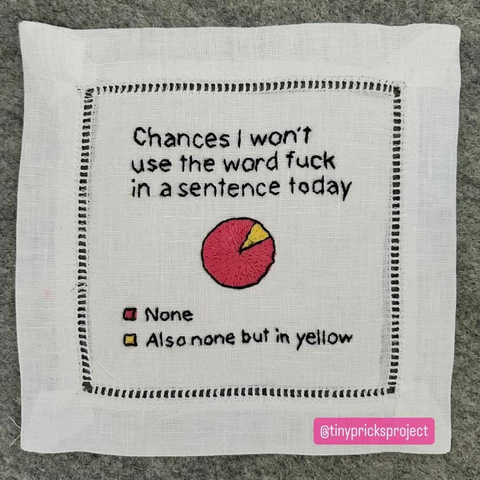 (Picture of a red pie chart with a small yellow segment)

Chances I won't use the word fuck in a sentence today

Red : None
Yellow: Also none but in yellow