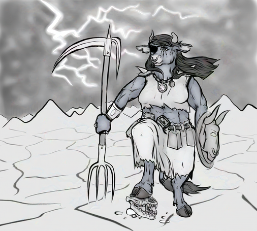 Grayscale rough sketch: in a barren plain, in front of a range of desolate mountains, an anthropomorphic Belgian Blue cow of the Barbarian class (from Dungeons and Dragons) stands statuesque, clothed in fabric with torn-looking edges.  She holds a weapon in her right hand, with one end forming a pitchfork, which rests on the ground, and the other a scythe and pike hook.  The weapon is as long as the barbarian is tall.  her left hand holds at her side a shield, fashioned in the shape of a bull's face. Her arms and midsection are exposed and muscular.  Her right foot rests atop a canine skull. One of her horns is cut off at the tip.  She wears an eyepatch over her right eye, and the left one bears a scar from the swipe of a beast's claw.  Her ears are both torn, presumably from having an earring or ear tag torn out of each.  There is a regal looking bracelet around her right forearm, rings on her fingers, and a necklace of cylindrical beads and a round jeweled amulet around her neck.  Leather pauldrons sit on each shoulder with a spike or horn protruding upward and outward, and a belt draped with large cow bells wraps the ragged skirt about her waist.  Her long dark hair blows in the wind and there is a ring in her nose.  The sky is filled with foreboding clouds, and a many-pronged lightning bolt flashes across the sky.