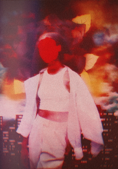 faceless woman in front of a city skyline silhouette and black rose. the rose has glowing petals. storm clouds make up the background.