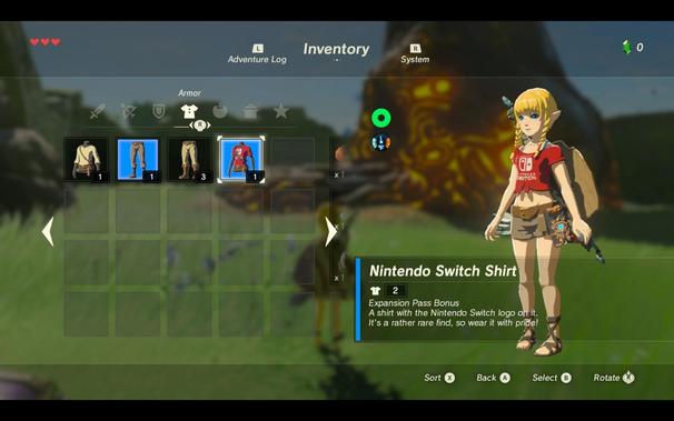 Inventory screen from Breath of The Wild: shows Linkle (I am playing as the female Link instead of the non-modded regular version showing Link) wearing a red crop-top Nintendo Switch tshirt and brown short-shorts. 