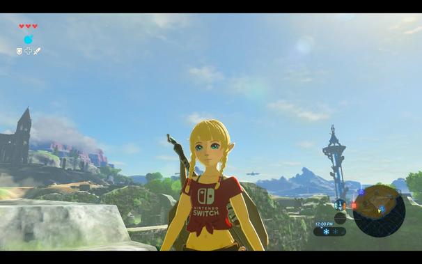 close-up image from Breath of The Wild: shows Linkle (I am playing as the female Link instead of the non-modded regular version showing Link) wearing a red crop-top Nintendo Switch tshirt and brown short-shorts. The beautiful castle and green landscape is visible in the background 