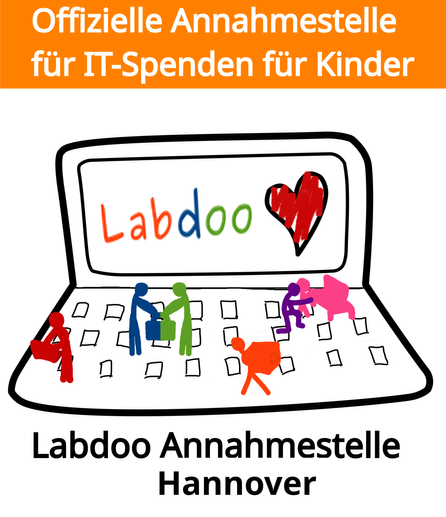 Hub-Logo Hub Hannover. Ein graphisch gestalteter Laptops mit dem Schriftzug Labdoo im Monitor, darunter der Text Labdoo Annahmestelle Hannover, darüber der Text Offizielle Annahmestelle für IT-Spenden für Kinder.