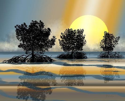 Gongbung Beach Mangroves To Open Water by Joan Stratton - https://paintingsbyjoan.com/

On a still evening the sun sets on the open water beyond Gongbung Beach, Weipa, Queensland, Australia where on the horizon the wet season storm clouds build with a promise of rain.

Silhouetted mangrove trees with intricate root systems are depicted against a large, glowing sun, creating a dramatic sunset scene. The reflections in the calm water mirror the trees and the vibrant sky.

Ether Art – A hand-drawn drawing / painting using the exciting modern art form, where art is created from scratch using a computer in lieu of a real canvas and paint, water colour, pastel, pencil, charcoal etc I create digital art from the ether, exactly the same as if I was starting with a blank canvas.