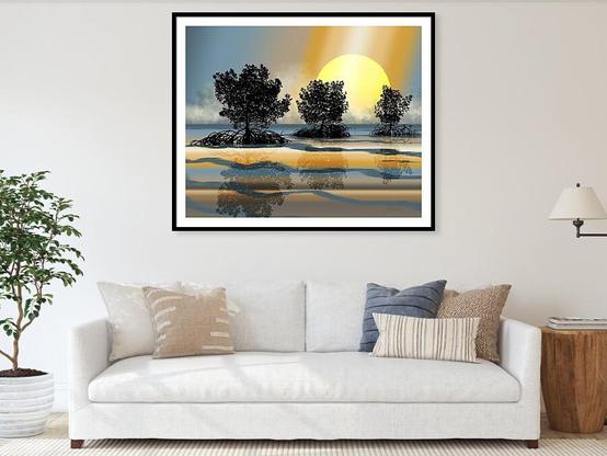 Gongbung Beach Mangroves To Open Water by Joan Stratton - https://paintingsbyjoan.com/ shown framed and on the wall in a lounge room.

On a still evening the sun sets on the open water beyond Gongbung Beach, Weipa, Queensland, Australia where on the horizon the wet season storm clouds build with a promise of rain.

Silhouetted mangrove trees with intricate root systems are depicted against a large, glowing sun, creating a dramatic sunset scene. The reflections in the calm water mirror the trees and the vibrant sky.

Ether Art – A hand-drawn drawing / painting using the exciting modern art form, where art is created from scratch using a computer in lieu of a real canvas and paint, water colour, pastel, pencil, charcoal etc I create digital art from the ether, exactly the same as if I was starting with a blank canvas.