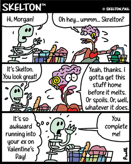 Skelton runs into his ex at the grocery store, named Morgan. His ex is walking viscera, pushing a shopping cart.