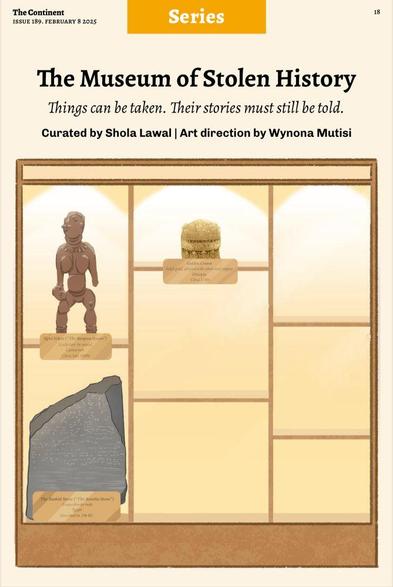 An updated version of the series' cover drawing showing a museum shelf with meanwhile three objects: the wooden figure from episode 1 on the top left slot, episode 2's golden crown top centre, and now the Rosetta Stone in the lower left.