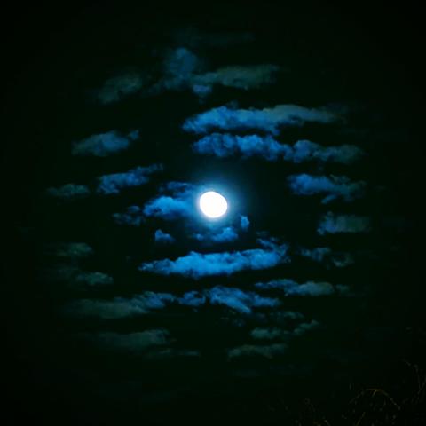 Une quasi pleine lune dans les nuages ... Formant un halo bleu
