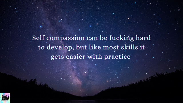 A starry night sky over the silhouette of tree covered hills at the bottom. In the sky in white writing it reads...
"Self compassion can be fucking hard to develop, but like most skills it gets easier with practice"