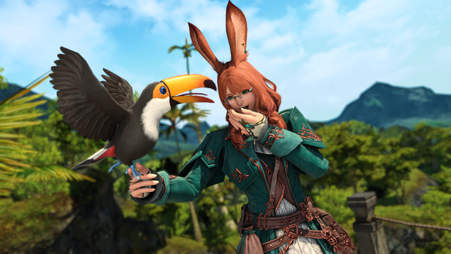 Feminine auburn viera raises a hand to her mouth with an expression of joyous astonishment as a Tucan balances on one clawed foot on her finger of her opposite hand. The viera is adorned with a series of pouches and belts overtop a turquoise robe adorned with rose gold inlay.