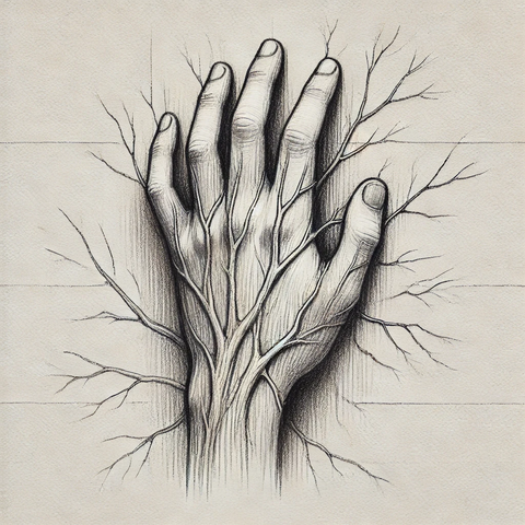 A surreal pencil sketch of a human hand merging with roots, as if slowly being absorbed into the ground or transformed into a tree. The veins extend outward, resembling branches, blending the organic and unnatural in an unsettling way.