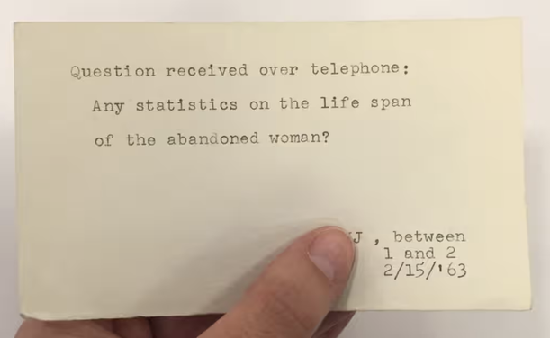 Question received over telephone: Any statistics on the life span of the abandoned woman?