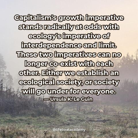 A social post from @lifeboatacademy which says: "Ursula K Le Guin Capitalism's growth imperative stands radically at odds with ecology's imperative of interdependence and limit. These two imperatives can no longer co-exist with each other. Either we establish an ecological society, or society will go under for everyone." — Ursula K. Le Guin 
Text superimposed on an image of a misty dawn with evergreen trees fading in the distance.