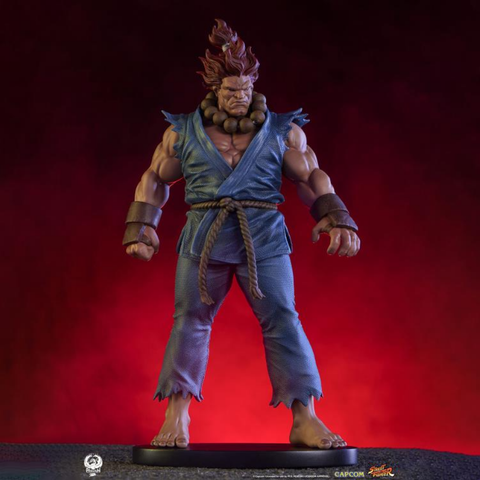 a statue of akuma, facing the viewer, looking to the lower right, the background is a bright flaming neon red 