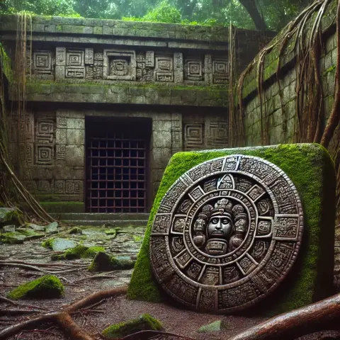 un temple aztèque, une amulette géante une grille en fer