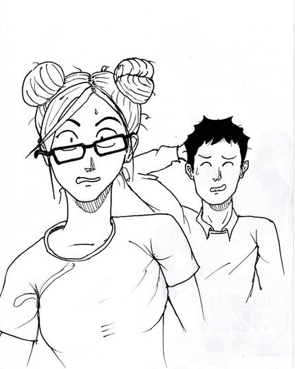 Femme à deux chignons, air perturbée, ses lunettes rectangles et les cheveux en vrac pour l'effet comique. Un homme aux cheveux noirs l'air penaud avec la main derrière la tête.  