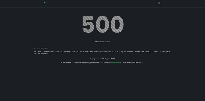 An 500 Internal Server Error page, with "Disk full" error description.