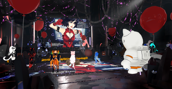 The interior of VRChat Club XINX with red balloons, lots of attendees and VR DJ performer @maerchen1313 on the screen. She's wearing a red corset top with the shape of a heart and black leather armlets.