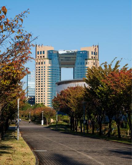 A modern high-rise building with two symmetrical towers connected by a sky bridge, set against a clear blue sky. The foreground features a tree-lined pathway with autumn foliage, leading towards the building. The scene is illuminated by bright sunlight, highlighting the architectural details and natural elements.