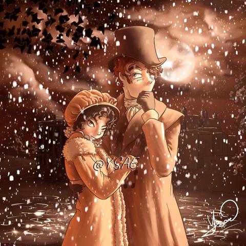 Dessin numérique représentant Little Jane, l'avatar de Jane Auste, en compagnie de son amoureux, sous la neige.
