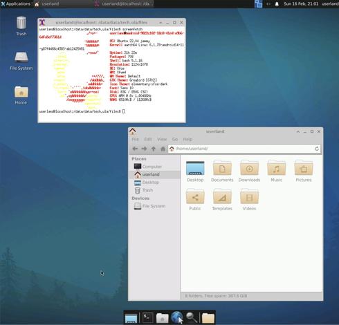 La imagen muestra el escritorio XFCE de Ubuntu GNU/Linux 22.04 corriendo en un móvil Android.